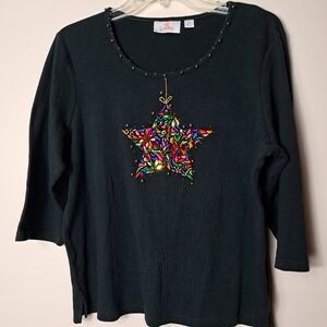 Quacker Factory Embellished Bead Embroidered Colorful Star Black Top Size Large
